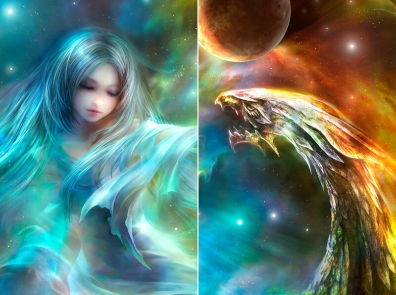 Woman and Dragon in Space — Blue
