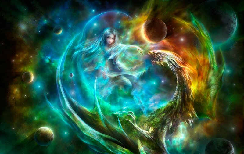 Woman and Dragon in Space
