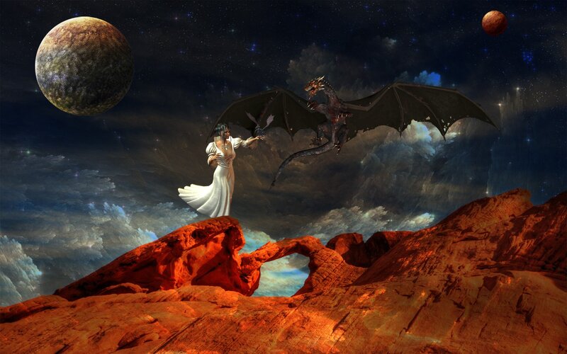 woman and dragon on alien planet