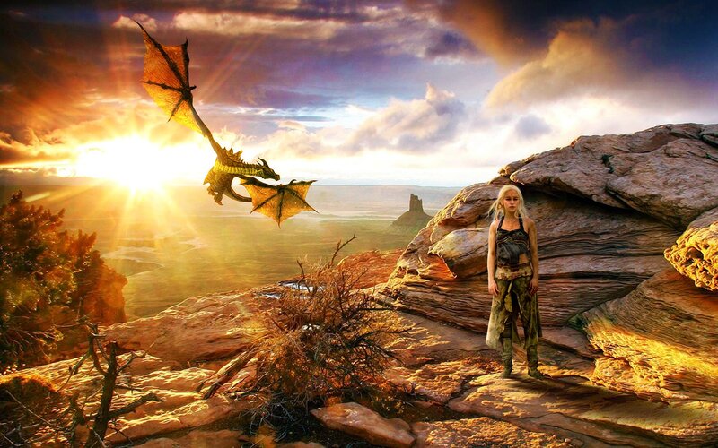 Woman and Dragon on Cliff — Orange