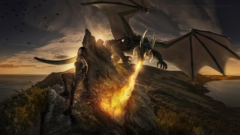 Woman and Dragon on Cliff