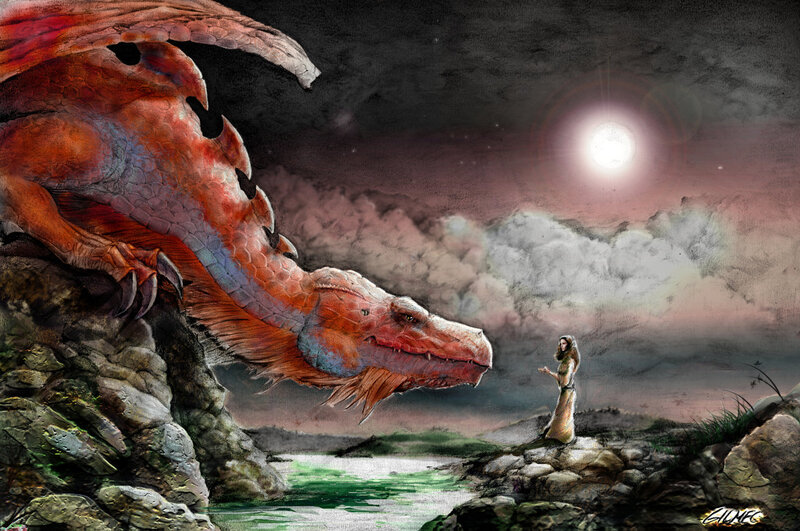 Woman and Dragon — Red, Dramatic, Night
