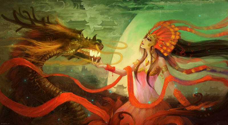 Woman and Dragon — Red, Dramatic