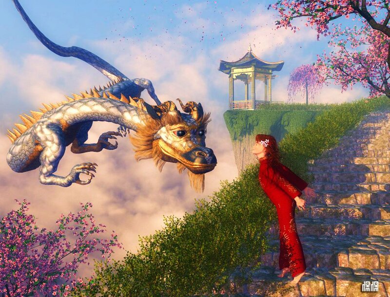 Woman and Dragon — Red, Serene