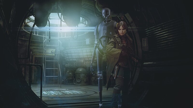 Woman and Droid in Corridor