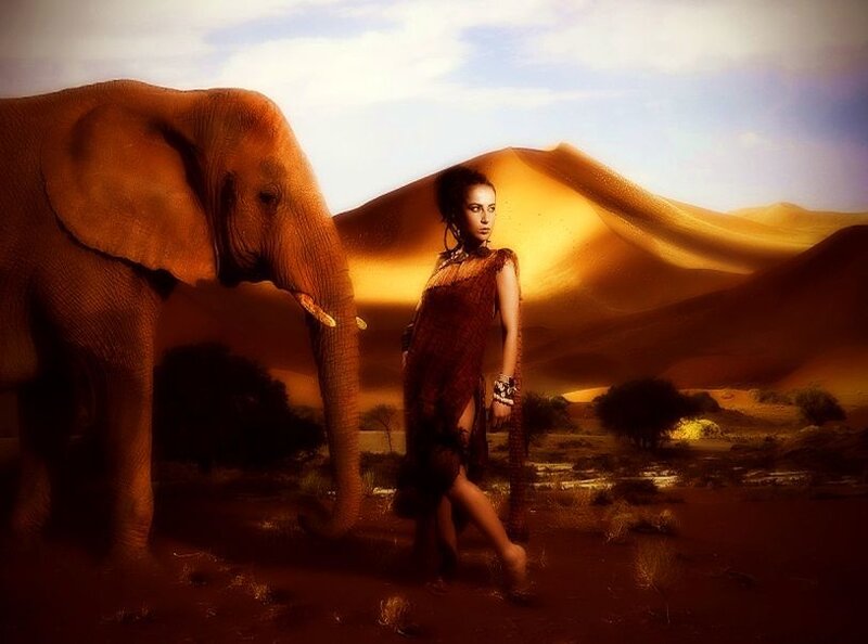 Woman and Elephant in Desert