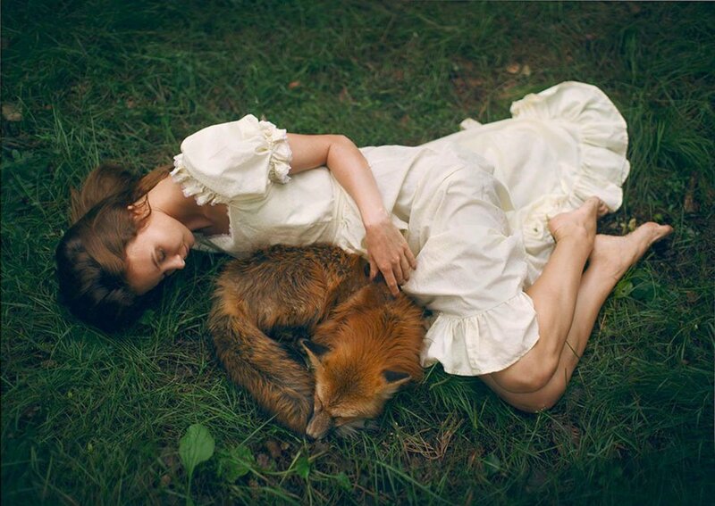 Woman and Fox Sleeping — Green, Serene