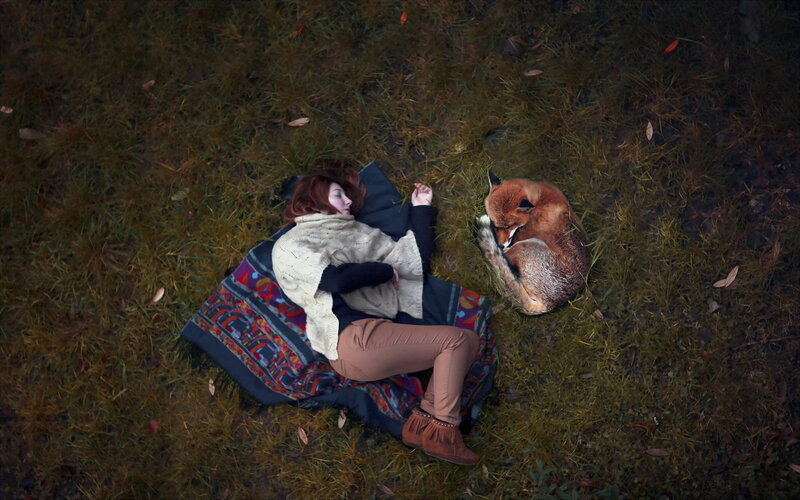Woman and Fox Sleeping — Green