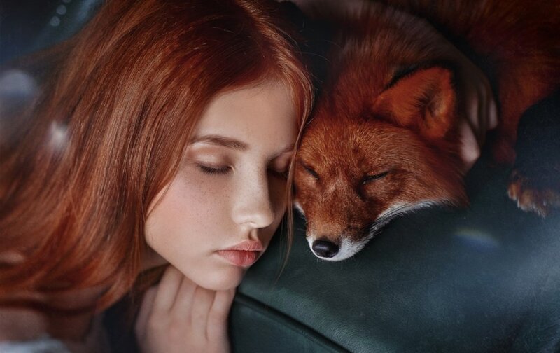 Woman and Fox Sleeping — Red, Serene