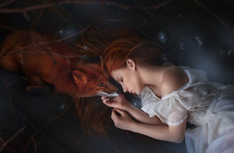Woman and Fox Sleeping — Red