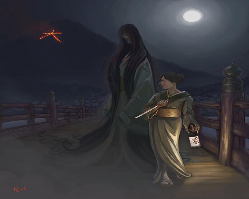 Woman and Ghost on Bridge
