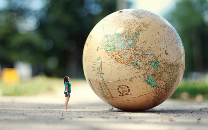 Woman and Giant Globe — Beige