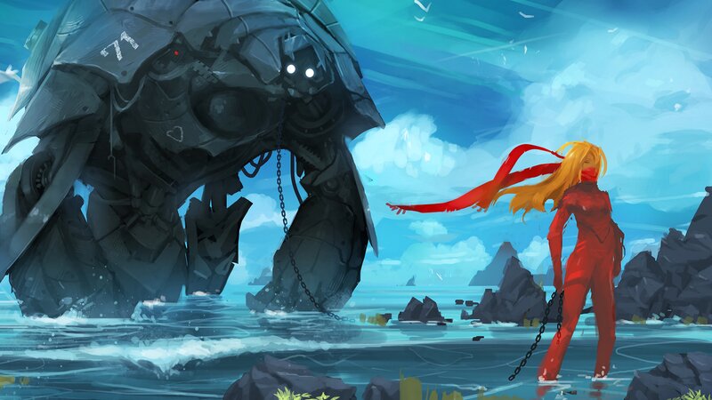 Woman and Giant Robot — Blue