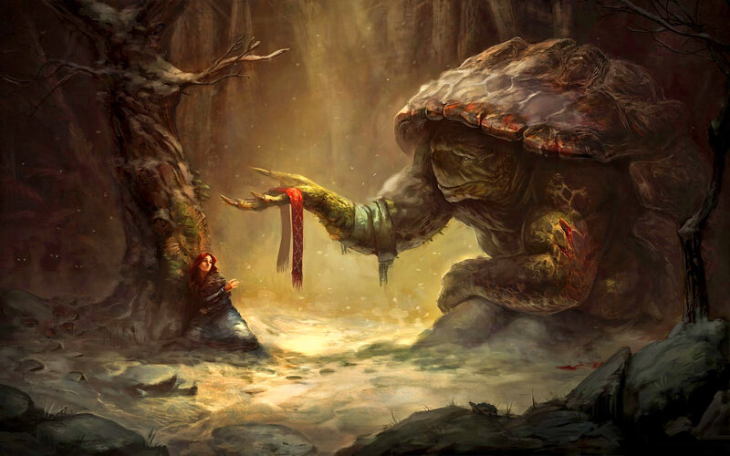 Woman and Giant Turtle