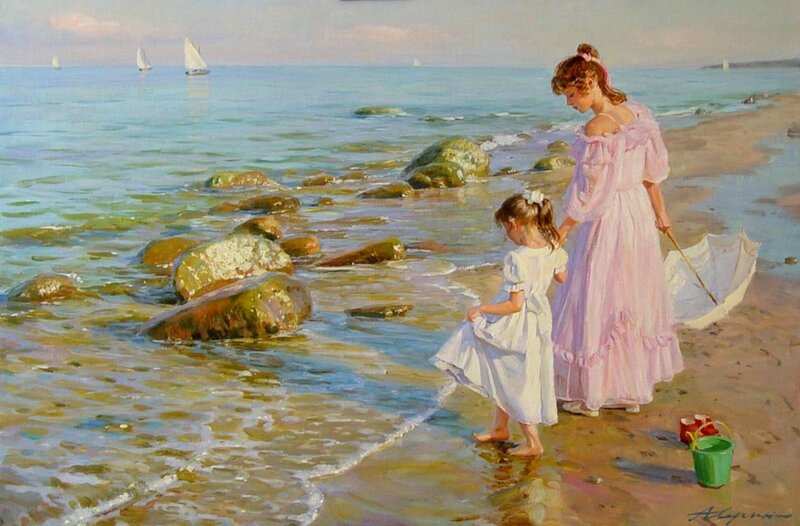 Woman and Girl at Beach