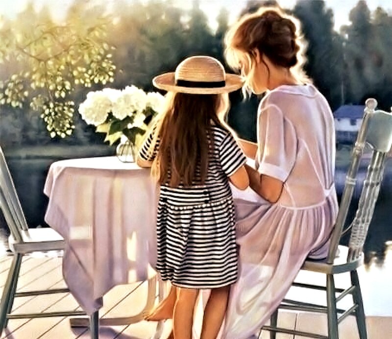 Woman and Girl at Table — White