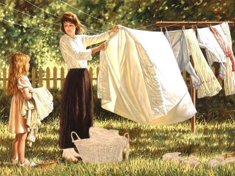 Woman and Girl Hanging Laundry