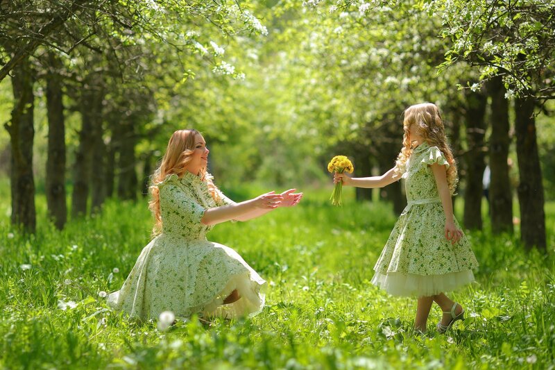 Woman and Girl in Field — Green, Serene, Spring