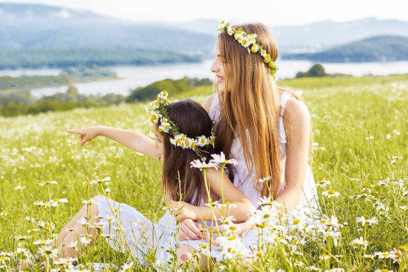 Woman and Girl in Field — Green, Serene