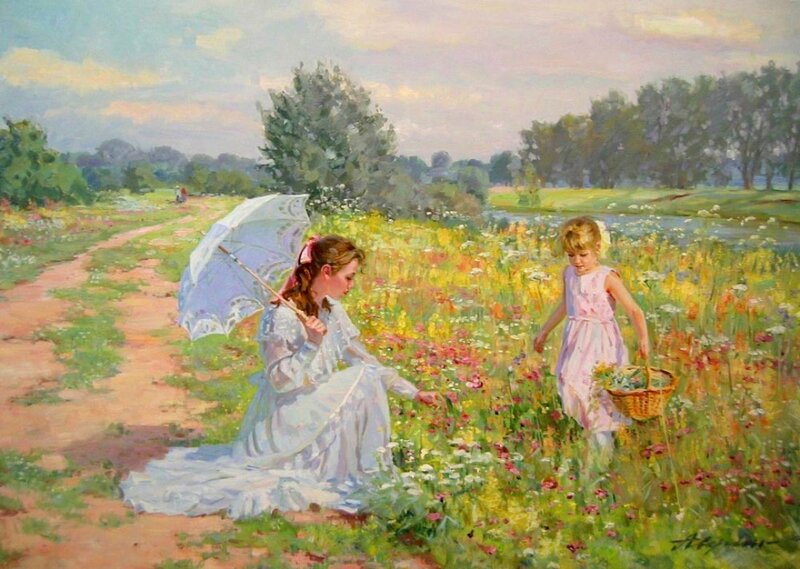 Woman and Girl in Field — Green
