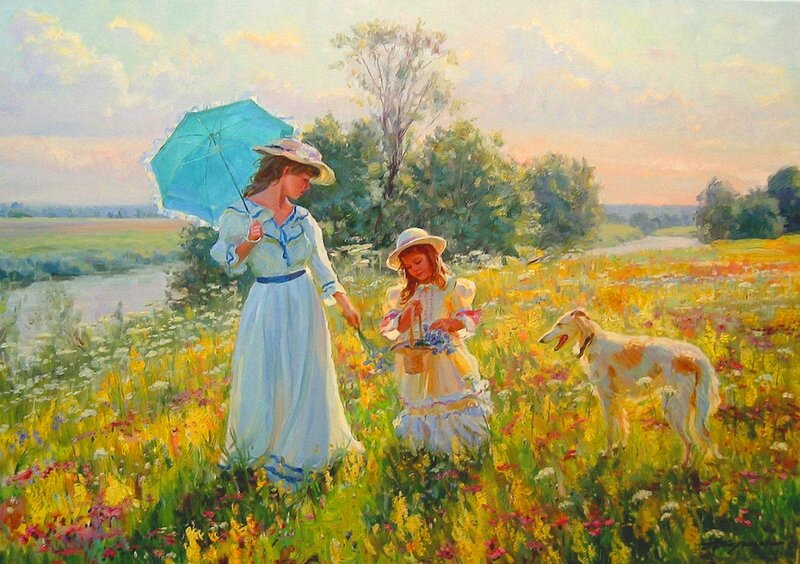 Woman and Girl in Field — Yellow