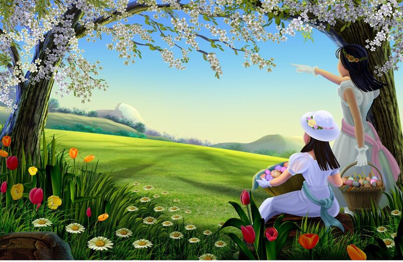 Woman and Girl in Garden — Green