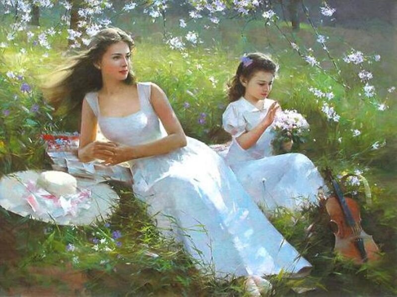 Woman and Girl in Garden — White, Serene