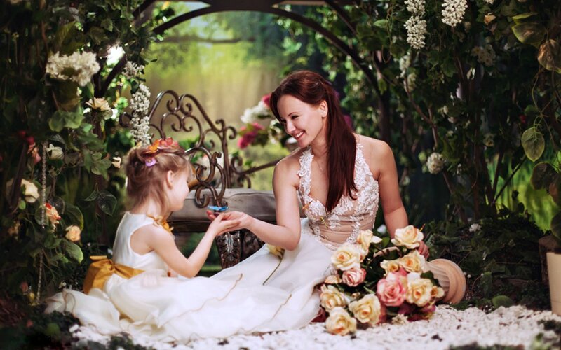 Woman and Girl in Garden — White