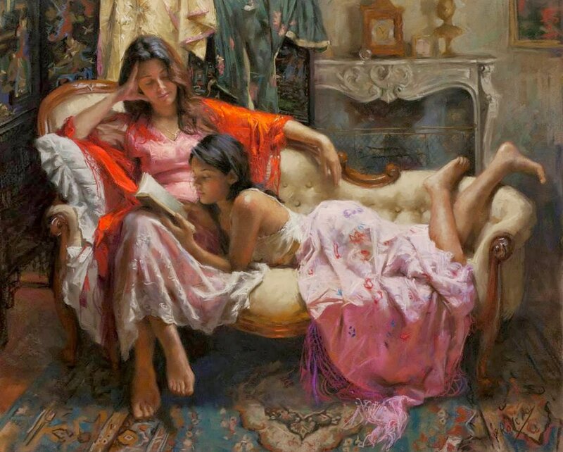 Woman and Girl on Sofa