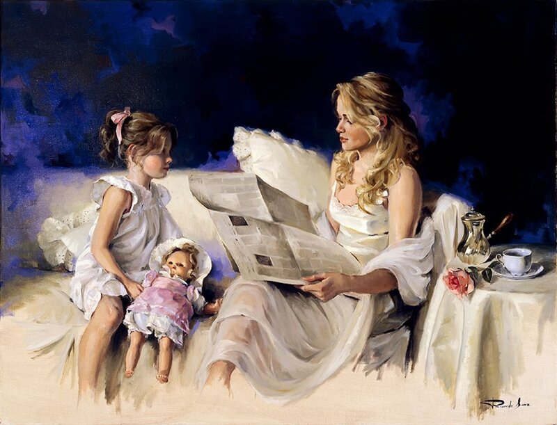 Woman and Girl Reading — Blue