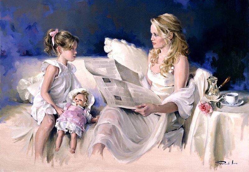 Woman and Girl Reading — White, Calm, Painting