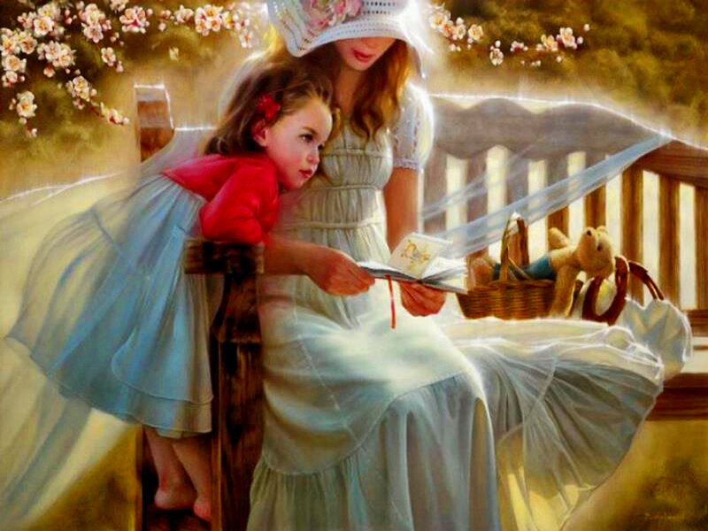 Woman and Girl Reading — White