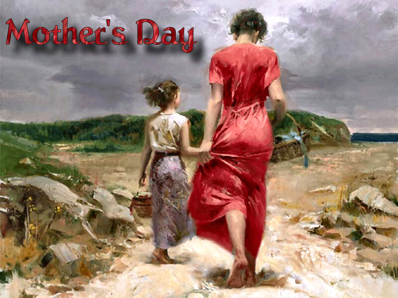 Woman and Girl Walking — Red