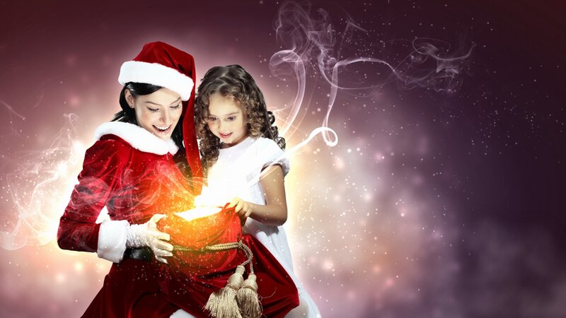 Woman and Girl with Gift — Red, Magical, Winter