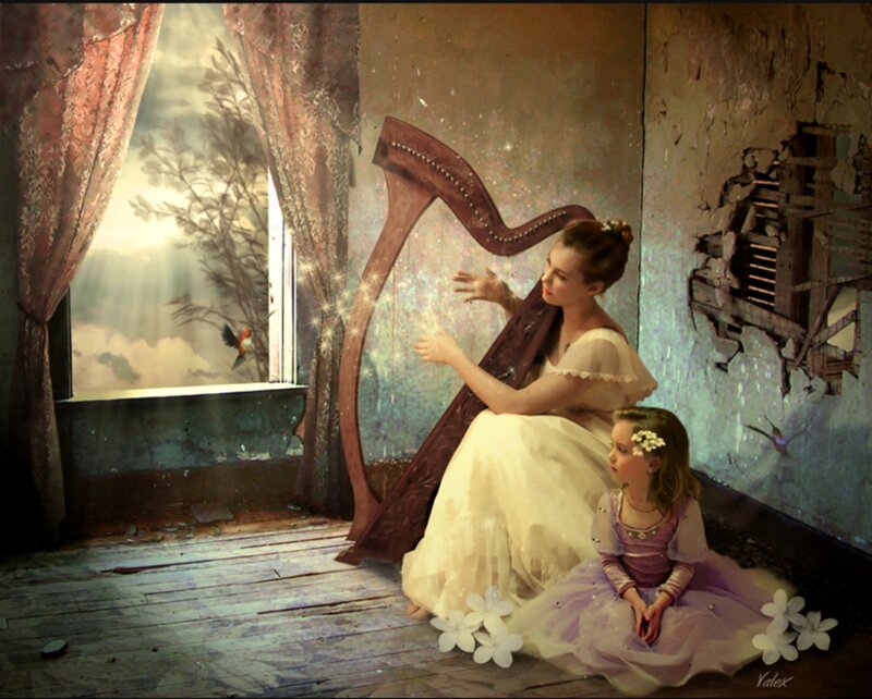 Woman and Girl with Harp — White, Serene