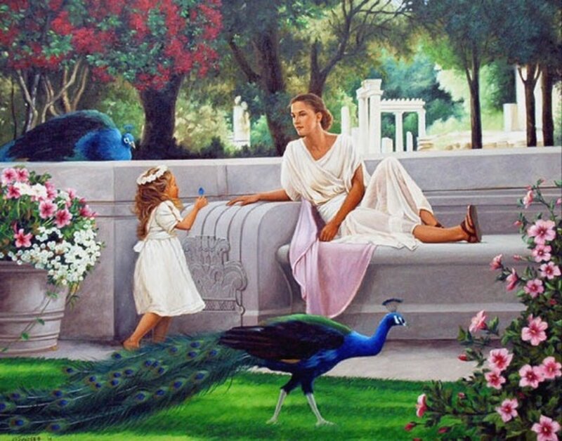 Woman and Girl with Peacocks