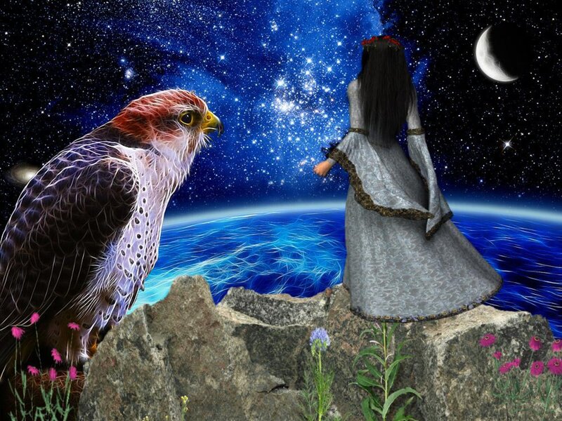 Woman and Hawk on Cliff