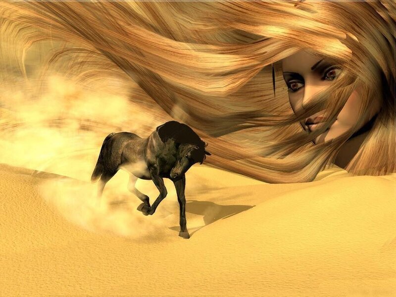 woman and horse in desert