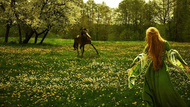 Woman and Horse in Field — Green, Serene, Spring