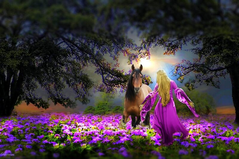 Woman and Horse in Field — Purple