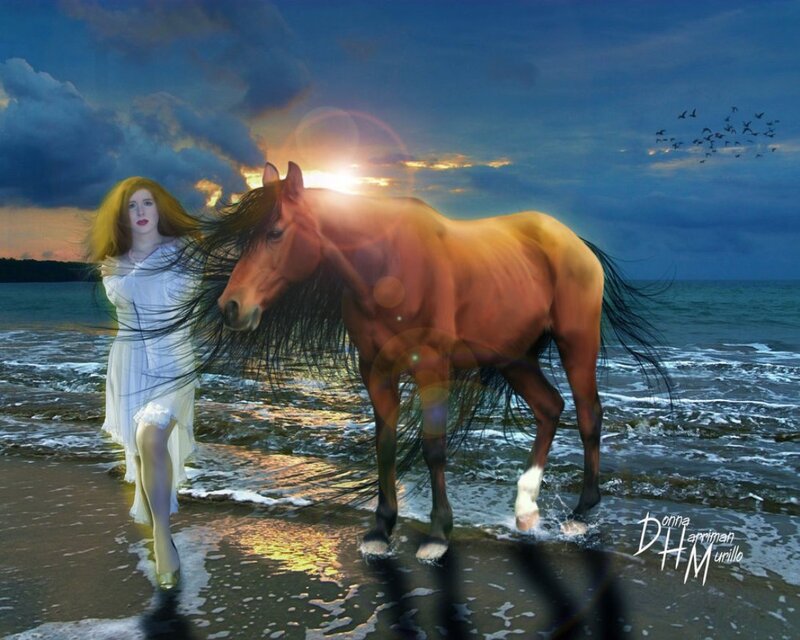 Woman and Horse on Beach — Blue, Dramatic