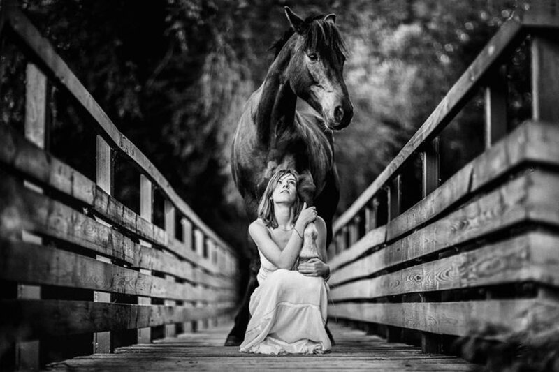 Woman and Horse on Bridge