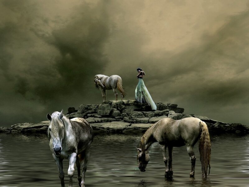 Woman and Horses on Rock
