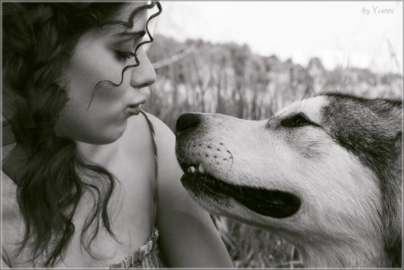 Woman and Husky Dog