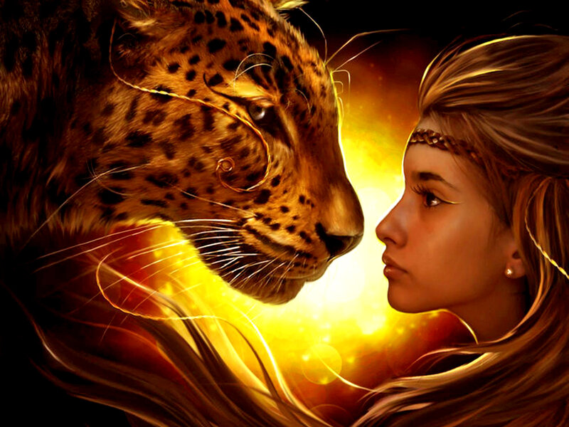Woman and Leopard Face to Face — Yellow
