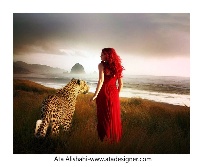 Woman and Leopard on Beach