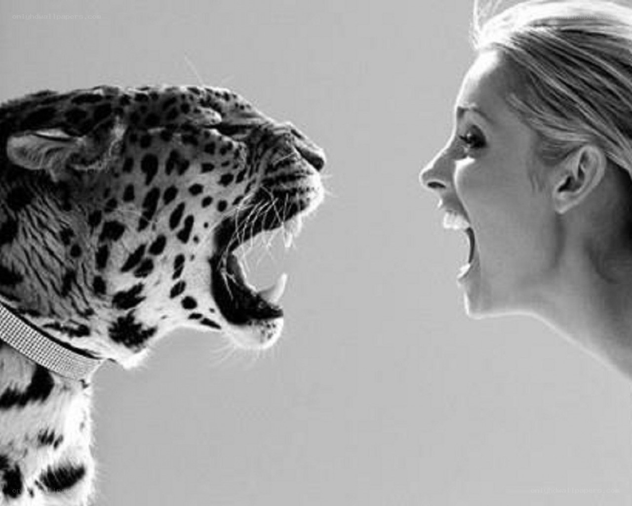 Woman and leopard roaring