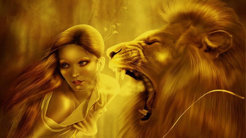 Woman and Lion — Gold, Dramatic, Digital Art