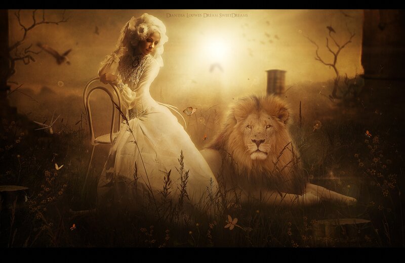 Woman and Lion in Field