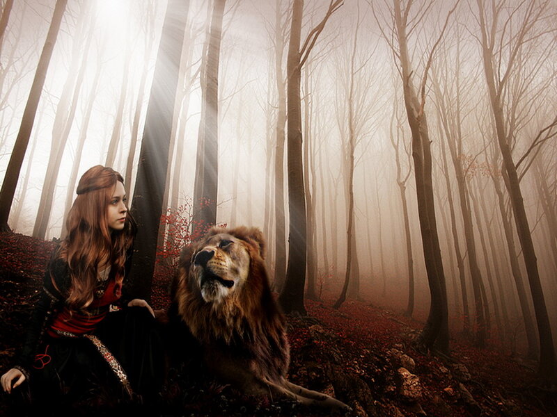 Woman and Lion in Forest